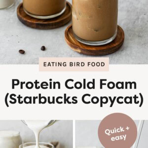 Two iced coffees topped with cold foam and glass straws, sitting on wooden coasters. Cold foam being poured over a glass of iced black coffee. Iced black coffee topped with thick cold foam and a glass straw on a wooden coaster.