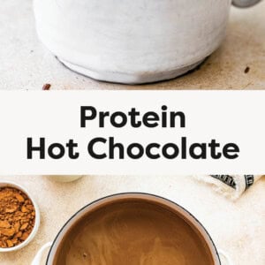 Protein Hot Chocolate in a mug, topped with whipped cream and chocolate shavings and a photo of the hot chocolate in a pot.