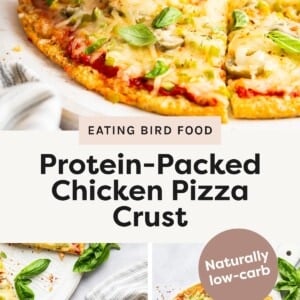 Hand holding a slice of chicken-crust pizza topped with melted cheese, jalapeños, and fresh basil. Two slices of chicken-crust pizza on a white plate, garnished with fresh basil leaves. Whole chicken-crust pizza cut into slices, topped with melted cheese and basil, on a white serving plate with a pizza cutter nearby.