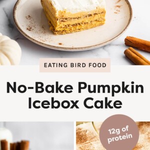 Top photo: A slice of no-bake pumpkin icebox cake on a beige plate with cinnamon sticks and a baking pan in the background. Bottom left photo: Close-up of a single slice of pumpkin icebox cake showing creamy and layered textures. Bottom right photo: Overhead view of a baking pan filled with layered pumpkin icebox cake dusted with cinnamon.