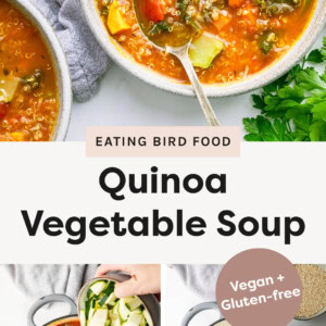 Pictures of Quinoa Vegetable Soup in a bowl with photos of the process