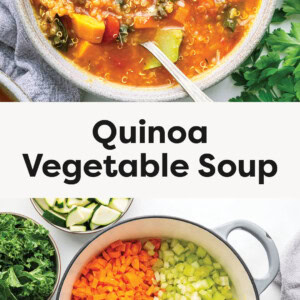 Pictures of Quinoa Vegetable Soup in a bowl with photos of the process