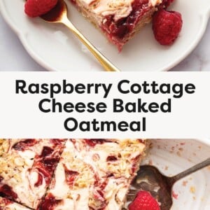 Photo 1 (top image): A close-up slice of raspberry cottage cheese baked oatmeal on a white plate, topped with fresh raspberries and a gold fork beside it. Photo 2 (bottom image): A pan of raspberry cottage cheese baked oatmeal cut into squares, showing a swirled raspberry and cream pattern, with a spoon and a raspberry in the corner.