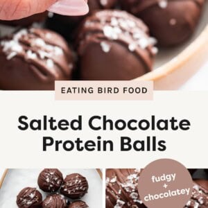 Top photo: Close-up of a hand holding a bitten salted chocolate protein ball, showing its rich, fudgy interior. Bottom left photo: Overhead view of a plate filled with round salted chocolate protein balls, drizzled with chocolate and sprinkled with flaky sea salt. Bottom right photo: Close-up of salted chocolate protein balls topped with flaky sea salt and a chocolate drizzle, emphasizing their smooth, glossy coating.