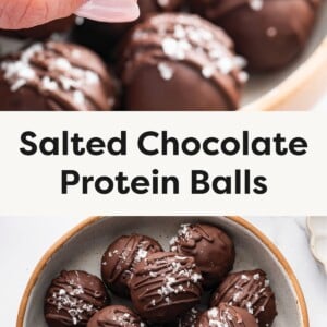 Top photo: A hand holding a bitten salted chocolate protein ball, showing its rich, fudgy interior. Bottom photo: A bowl filled with round salted chocolate protein balls drizzled with chocolate and topped with flaky sea salt.