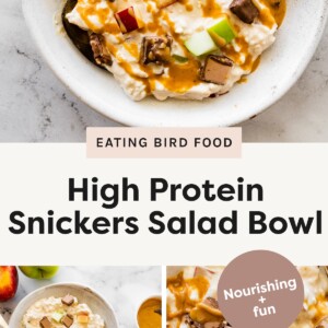 Top photo: A bowl of creamy high-protein Snickers salad with apple chunks, Snickers pieces, and a drizzle of peanut butter. Bottom left photo: Two bowls of Snickers salad on a white surface with apple pieces and Snickers chunks, one bowl with a spoon. Bottom right photo: Close-up of Snickers salad highlighting diced apples, Snickers chunks, and a peanut butter drizzle.