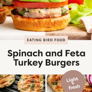 Top Photo: Spinach and feta turkey burger with lettuce, tomato, red onion, and avocado on a seeded bun. Bottom Left Photo: Uncooked spinach and feta turkey burger patties sizzling on a grill pan. Bottom Right Photo: Grilled spinach and feta turkey burger patties stacked on a plat