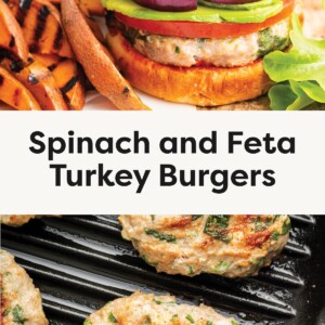 First photo: Grilled spinach and feta turkey burgers on a pan. Second photo: Spinach and feta turkey burgers served on buns with toppings and grilled sweet potato fries.