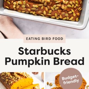 Top photo: Freshly baked pumpkin bread topped with pepitas in a loaf pan. Bottom left photo: Sliced pumpkin bread with pepitas served on a plate and platter. Bottom right photo: Several slices of pumpkin bread with pepitas arranged on a white surface.