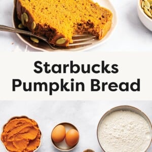 Top photo: Slices of moist pumpkin bread with pepitas on top, served on a plate. Bottom photo: Ingredients for Starbucks pumpkin bread including pumpkin puree, eggs, flour, coconut sugar, vanilla, olive oil, pepitas, sea salt, and spices arranged neatly on a surface.