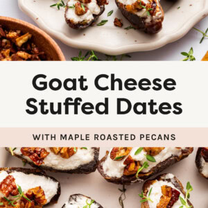 Dates stuffed with goat cheese and pecans on a plate. Photo below is a close up of the dates.