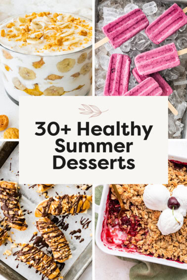 Collage of four photos: banana pudding, Greek yogurt popsicles, frozen banana snickers and a cherry crisp.