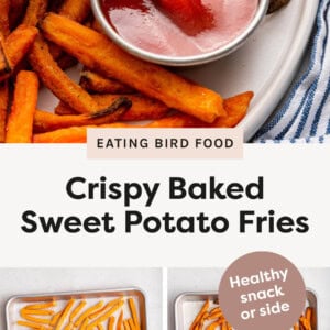Hand dipping a sweet potato fry into ketchup. Two photos of the fries on a sheet pan, before and after being baked.