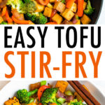 Frying pan and bowl of rice with stir fried tofu and vegetables.