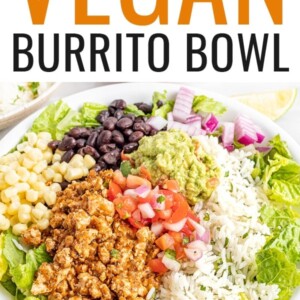 Burrito bowl made with sofritas, black beans, corn, salsa, guacamole, rice, lettuce and romaine.