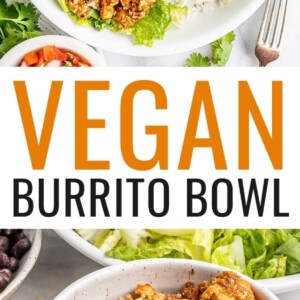 Two photos: first one is the vegan burrito bowl made with sofritas, corn, beans, guacamole, rice, onion, salsa and lettuce. The second photo is a close up photo of a bowl of tofu sofritas.