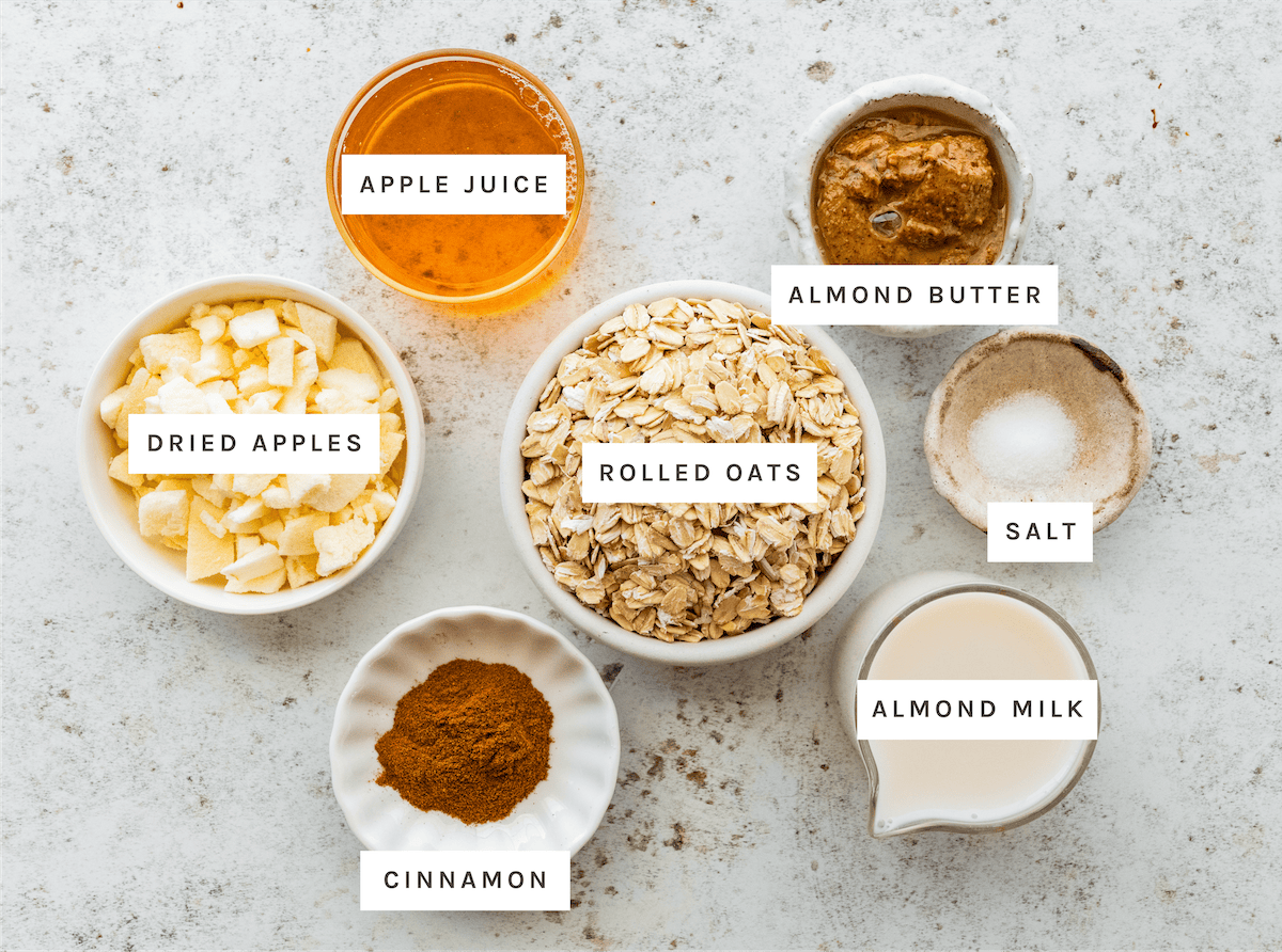 Apple juice, almond butter, rolled oats, salt, almond milk, cinnamon, dried apples