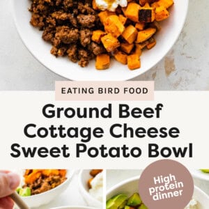 Three photos of the ground beef cottage cheese sweet potato bowl. One photo shows a drizzle of hot honey being added and one is topped with pickled onions.