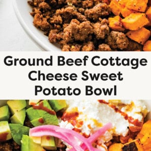 Two photos of the ground beef cottage cheese sweet potato bowl. One photo shows a drizzle of hot honey being added and one is topped with pickled onions.
