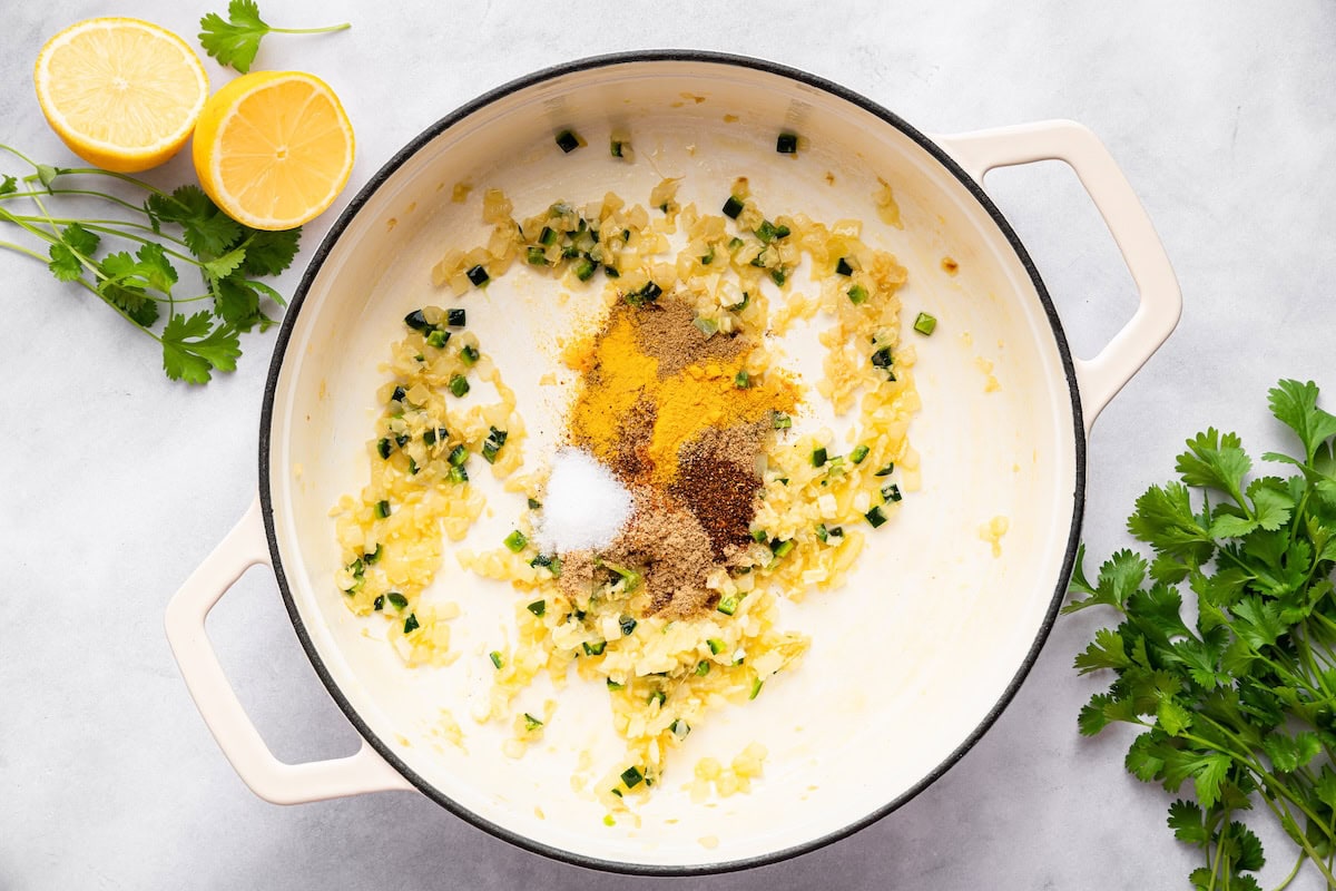 Garlic, ginger, and spices sautéing in olive oil to start the chana masala sauce.