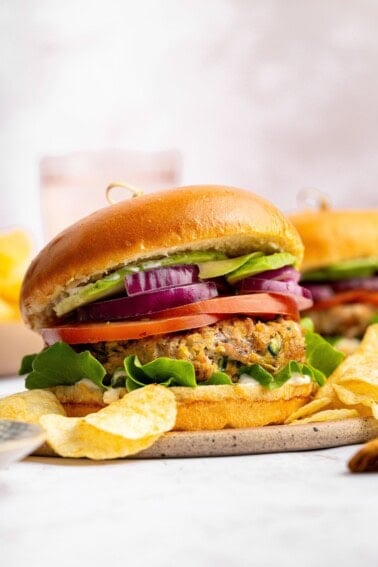 A chicken burger served on a brioche bun topped with lettuce, tomato, red onion and avocado. The burger is served with a side of potato chips.