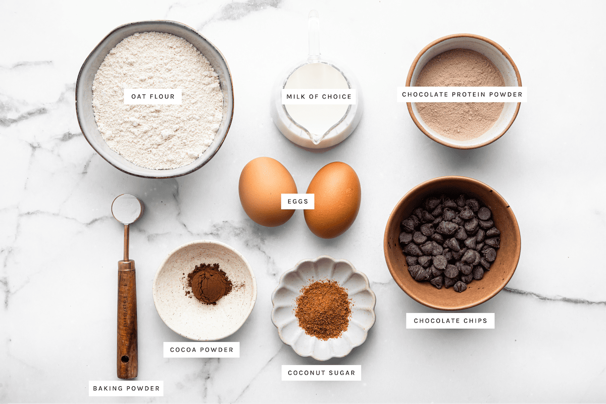 Oat flour, milk of choice, chocolate protein powder, eggs, baking powder, cocoa powder, coconut sugar, chocolate chips