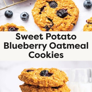 Top photo: Golden-brown sweet potato blueberry oatmeal cookies are arranged on a white surface, with some resting on a gold cooling rack. The cookies have a slightly rough texture from the oats, with juicy, baked blueberries bursting through the dough. Fresh blueberries are scattered around, along with a decorative dish filled with more blueberries. A glass of milk sits in the background, adding a cozy and inviting touch to the scene. Bottom photo: A stack of golden-brown sweet potato blueberry oatmeal cookies sits on a white surface, with a glass of milk in the background. The cookies have a slightly rough texture, with visible oats and bursts of deep blue from the blueberries. Scattered blueberries and additional cookies are placed around the stack, adding to the inviting homemade feel of the scene. The background is softly blurred, highlighting the cookies as the main focus.