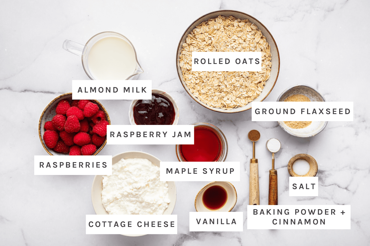 Rolled oats, almond milk, ground flaxseed, raspberries, raspberry jam, cottage cheese, maple syrup, vanilla, baking powder, cinnamon, salt