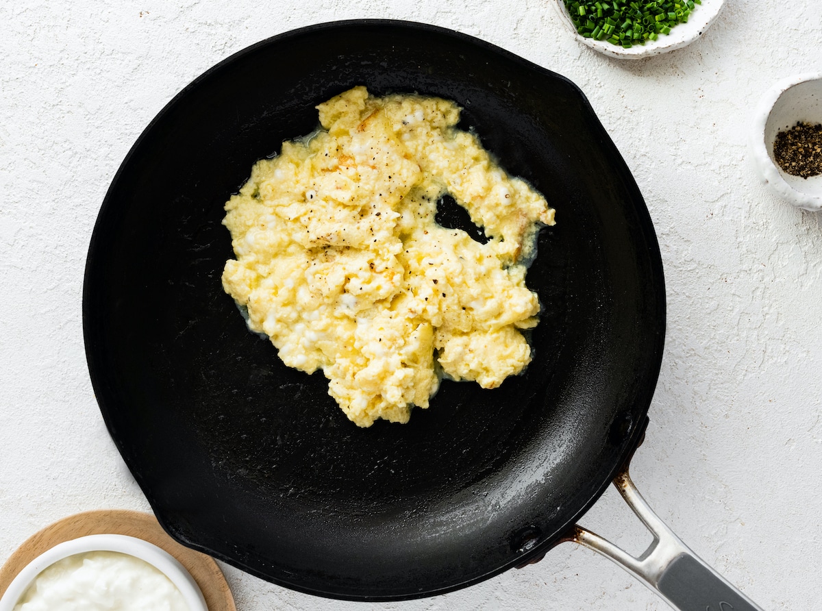 Cottage cheese eggs after being cooked in a skillet.