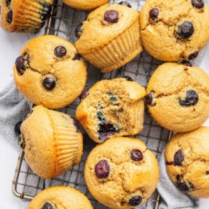 12 blueberry cottage cheese muffins spread out over a wire cooling rack. There is a light blue towel under the cooling rack and one of the muffins has a bite taken out of it.