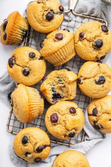 12 blueberry cottage cheese muffins spread out over a wire cooling rack. There is a light blue towel under the cooling rack and one of the muffins has a bite taken out of it.
