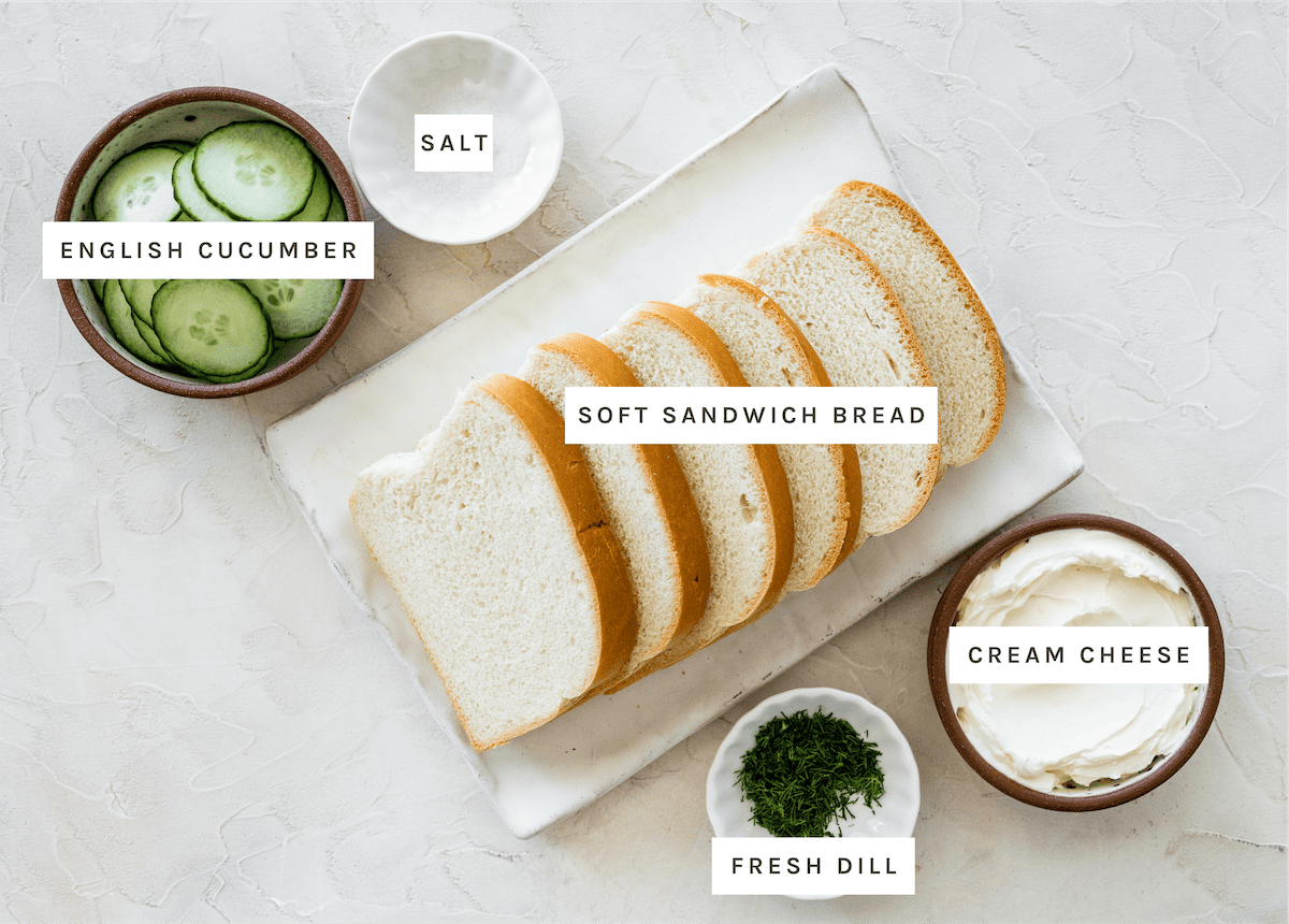 Cucumber Sandwich ingredients: English cucumber, salt, soft sandwich bread, cream cheese, fresh dill