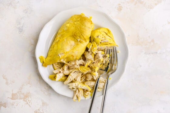Chicken breasts on a plate being shredded with two forks.
