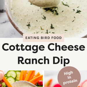 Top photo: A close-up photograph of a bowl filled with creamy cottage cheese ranch dip, garnished with fresh chopped herbs. A spoon is lifted from the bowl, showcasing the dip’s thick and smooth texture with visible flecks of seasoning. The background features a softly blurred marble surface and a striped cloth napkin, adding a neutral and elegant touch to the composition. Bottom left photo: A close-up photograph of a bowl of creamy cottage cheese ranch dip garnished with fresh chopped herbs. A hand dips a bright orange carrot stick into the thick dip, showing its smooth yet slightly textured consistency. Surrounding the bowl is an assortment of fresh vegetables, including sliced cucumbers, radishes, cherry tomatoes, broccoli, and bell pepper strips, arranged on a serving platter. The vibrant colors contrast with the neutral tones of the dip and bowl. Bottom right: A close-up photograph of a hand holding a cucumber slice dipped in a creamy ranch dip. The dip has a smooth texture with visible specks of herbs and spices. The background is slightly blurred, featuring a bowl filled with more dip and colorful fresh vegetables such as radishes and carrots. The scene is well-lit, highlighting the freshness of the ingredients.