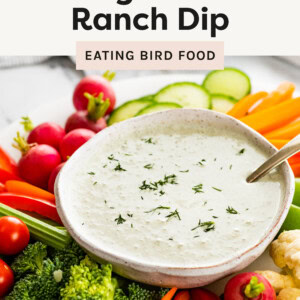 A bowl of creamy cottage cheese ranch dip garnished with fresh chopped dill, sitting at the center of a vibrant vegetable platter. Surrounding the dip are an assortment of colorful fresh veggies, including crisp cucumber slices, bright orange carrot sticks, red bell pepper strips, radishes, cherry tomatoes, broccoli florets, celery sticks, and cauliflower. A spoon rests in the dip, ready for serving. The background features a neutral-toned cloth, adding a cozy touch to the fresh and healthy presentation.