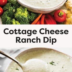 Top photo: A bowl of creamy cottage cheese ranch dip garnished with fresh chopped dill, sitting at the center of a vibrant vegetable platter. Surrounding the dip are an assortment of colorful fresh veggies, including crisp cucumber slices, bright orange carrot sticks, red bell pepper strips, radishes, cherry tomatoes, broccoli florets, celery sticks, and cauliflower. A spoon rests in the dip, ready for serving. The background features a neutral-toned cloth, adding a cozy touch to the fresh and healthy presentation. Bottom photo: A close-up photograph of a bowl filled with creamy cottage cheese ranch dip, garnished with fresh chopped herbs. A spoon is lifted from the bowl, showcasing the dip’s thick and smooth texture with visible flecks of seasoning. The background features a softly blurred marble surface and a striped cloth napkin, adding a neutral and elegant touch to the composition.