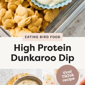 Top photo: A small blue silicone cup filled with creamy dip topped with rainbow sprinkles, surrounded by bunny-shaped animal crackers in a clear container. Bottom left photo: A bowl of sprinkle-covered dip on a plate, surrounded by various animal crackers. Bottom right photo: A hand dipping an animal cracker into a small plastic container of sprinkle-topped dip, with another container and crackers nearby.