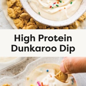 Top Photo: Bowl of sprinkle-topped dip with animal cookies on the side. Bottom Photo: Cookie being dipped into sprinkle dip in a small container.