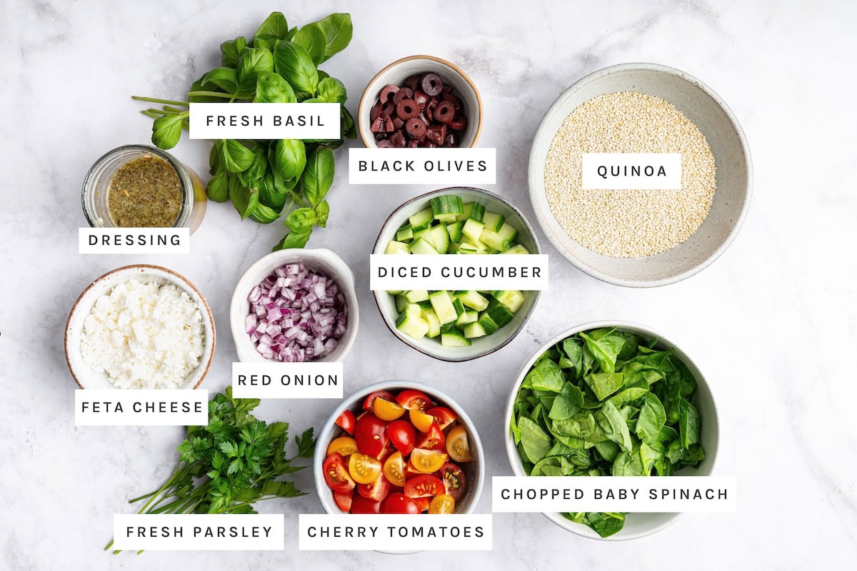Greek Quinoa Salad ingredients: Fresh basil, black olives, quinoa, dressing, feta cheese, red onion, diced cucumber, chopped baby spinach, fresh parsley, cherry tomatoes.