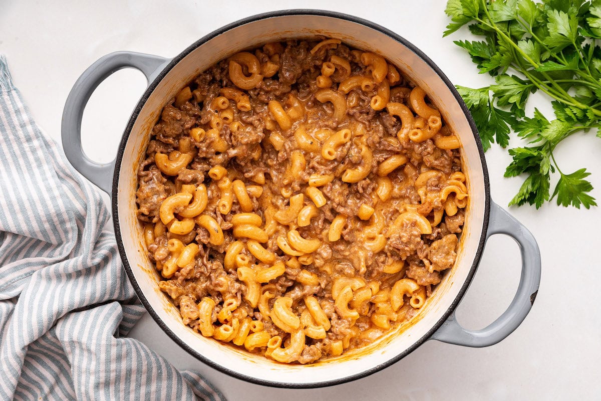 Healthy hamburger helper in a large pot.