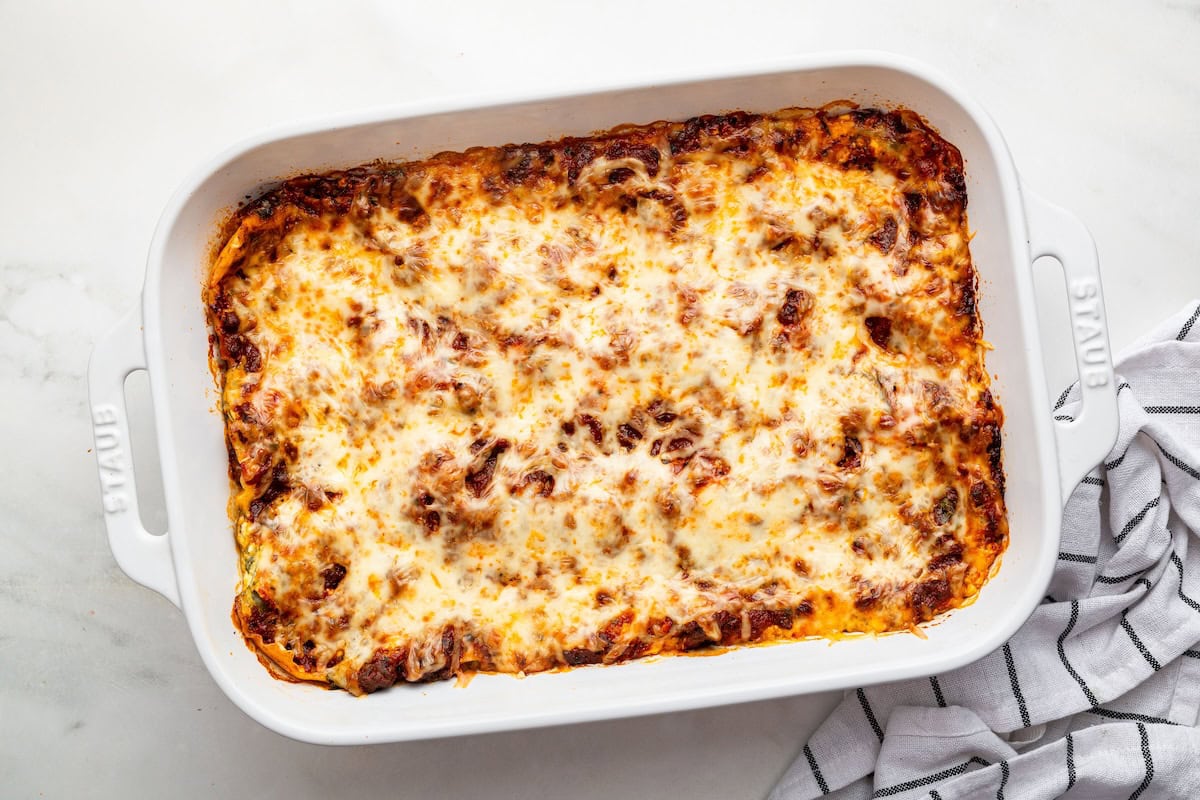 Healthy lasagna in a baking dish after being baked.