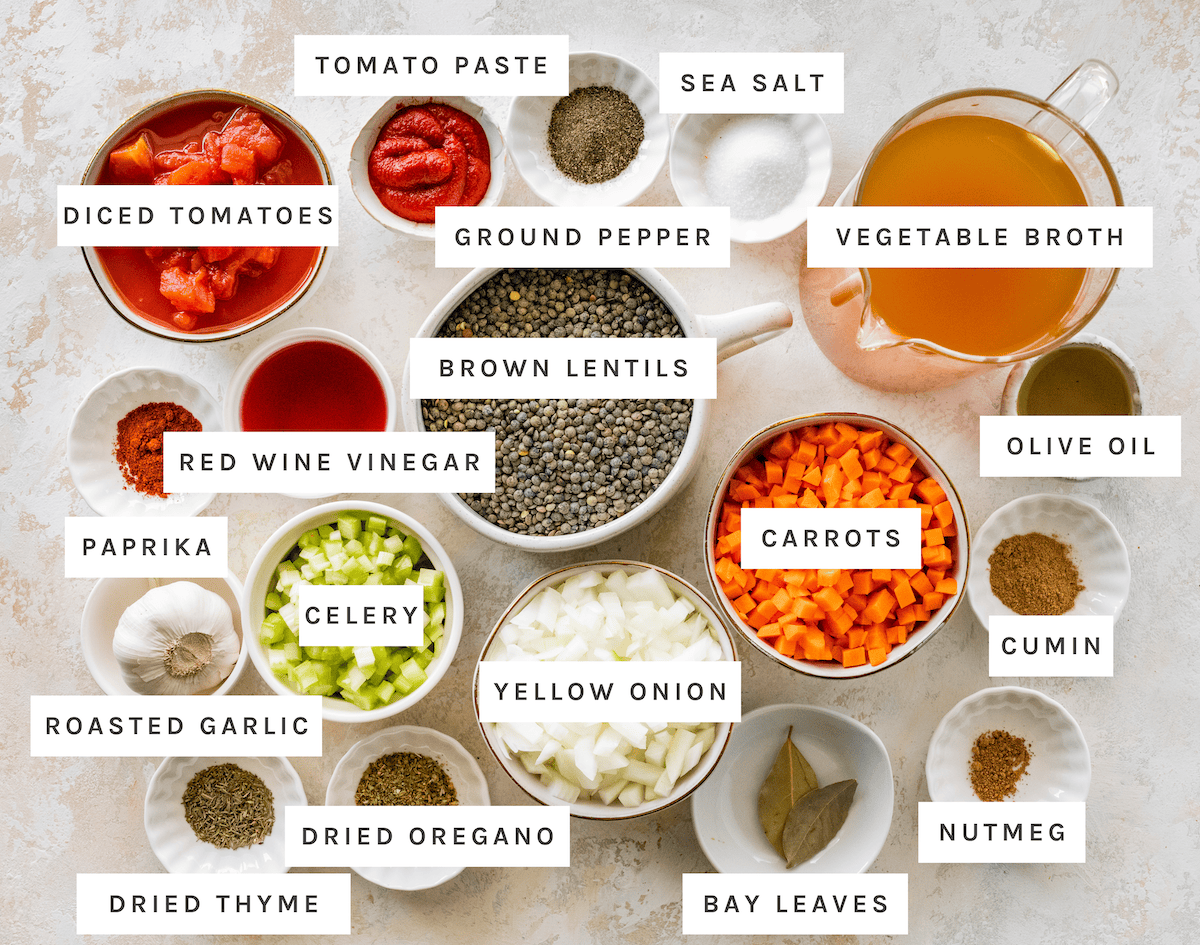 Diced Tomatoes, Tomato Paste, Sea Salt, Ground Pepper, Vegetable Broth, Brown Lentils, Olive Oil, Red Wine Vinegar, Paprika, Celery, Yellow Onion, Carrots, Cumin, Roasted Garlic, Dried Thyme, Dried Oregano, Bay Leaves, Nutmeg
