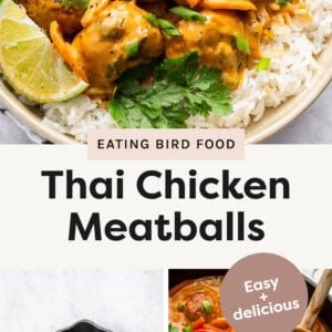 Top photo: A bowl of white rice topped with Thai chicken meatballs coated in a creamy orange curry sauce. Bottom left photo: A cast iron skillet containing freshly pan-seared Thai chicken meatballs, arranged in a circular pattern. Bottom right photo: A skillet filled with Thai chicken meatballs simmering in a creamy, orange-colored curry sauce.