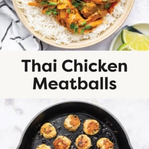 Top photo: A bowl of white rice topped with Thai chicken meatballs coated in a creamy orange curry sauce. Bottom photo: A cast iron skillet containing freshly pan-seared Thai chicken meatballs, arranged in a circular pattern.