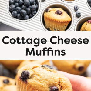 Top image: Freshly baked blueberry cottage cheese muffins in a muffin tin with fresh blueberries. Bottom image: Hand holding a blueberry cottage cheese muffin with more muffins in the background.