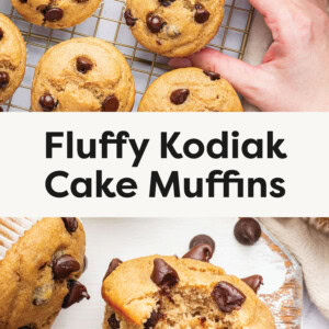 Top photo: Golden brown Kodiak cake muffins studded with semi-sweet chocolate chips, cooling on a wire rack. A hand gently lifts one muffin, while a small white bowl filled with extra chocolate chips and a glass of milk sit nearby. The scene is bright and clean, with a soft beige cloth draped in the corner. Bottom photo: Top-down view of Kodiak cake chocolate chip muffins on a rustic white wooden board. One muffin has a bite taken out, revealing a soft, fluffy interior with gooey chocolate chips. Surrounding muffins are golden brown, with chocolate chips studded on top. A glass of milk and a beige cloth are placed nearby, adding a cozy, inviting feel.