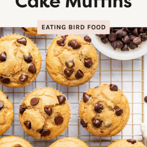 The image shows freshly baked Kodiak brand chocolate chip muffins on a cooling rack. The muffins are golden brown, fluffy, and generously studded with chocolate chips. A small bowl of extra chocolate chips sits beside them, adding a rich, indulgent touch. The muffins appear soft and moist, with a homemade feel, perfect for a nutritious yet delicious treat.