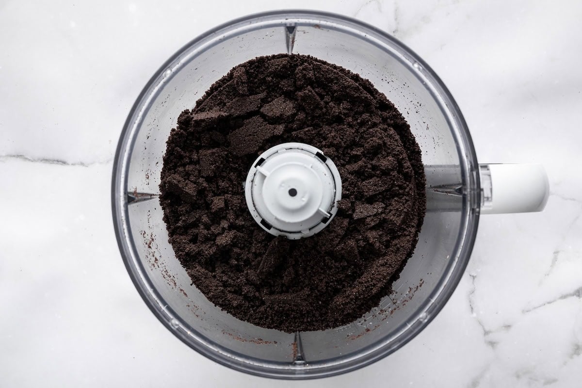 Finely crushed Oreo cookie crumbs pulsed in a food processor for Oreo balls.