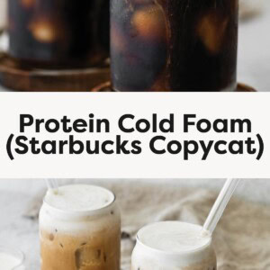 Top photo: Two glasses of iced coffee topped with thick, creamy cold foam and served with glass straws on wooden coasters. Bottom photo: Two iced lattes with layers of coffee and protein cold foam on top, sitting on wooden coasters with a small pitcher of cream nearby.