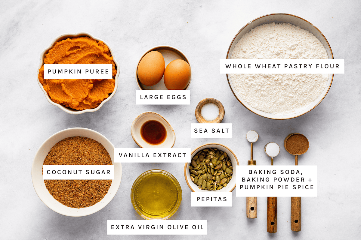 Starbucks Pumpkin Bread ingredients: Pumpkin puree, large eggs, whole wheat pastry flour, coconut sugar, vanilla extract, sea salt, pepitas, extra virgin olive oil, baking soda, baking powder, pumpkin pie spice